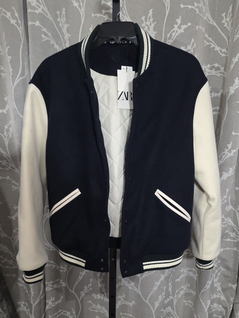 NWT Zara Varsity Bomber Jacket L Black White Quilted Lined $119